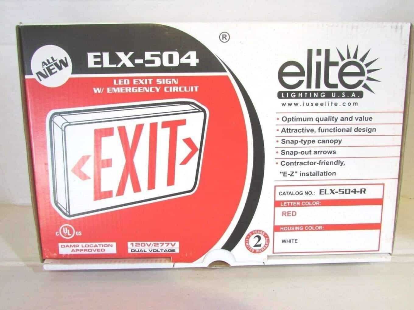 LOT OF 2 each Elite Lighting ELX-504-R-W Emergency Exit Sign for Damp Location