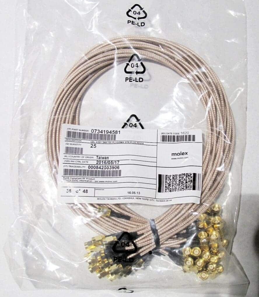 LOT OF 25 EACH MOLEX 24" Double Shield braid RF Coax +SMA +SMA RA RD316 Cable