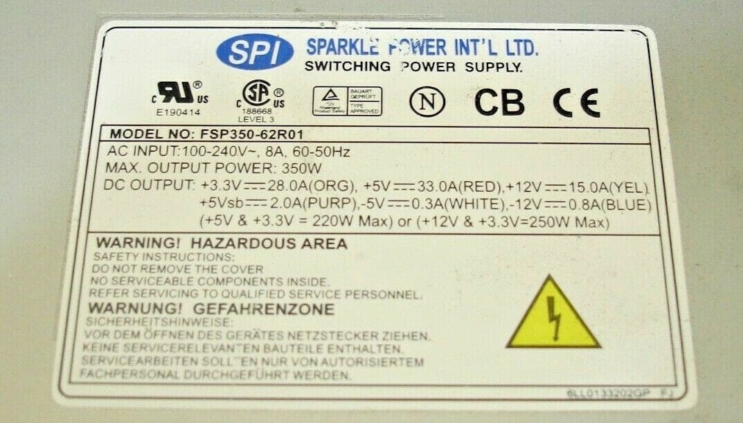 SPARKLE POWER INC SWITCHING POWER SUPPLY FSP350-62R01, 9PA3500607