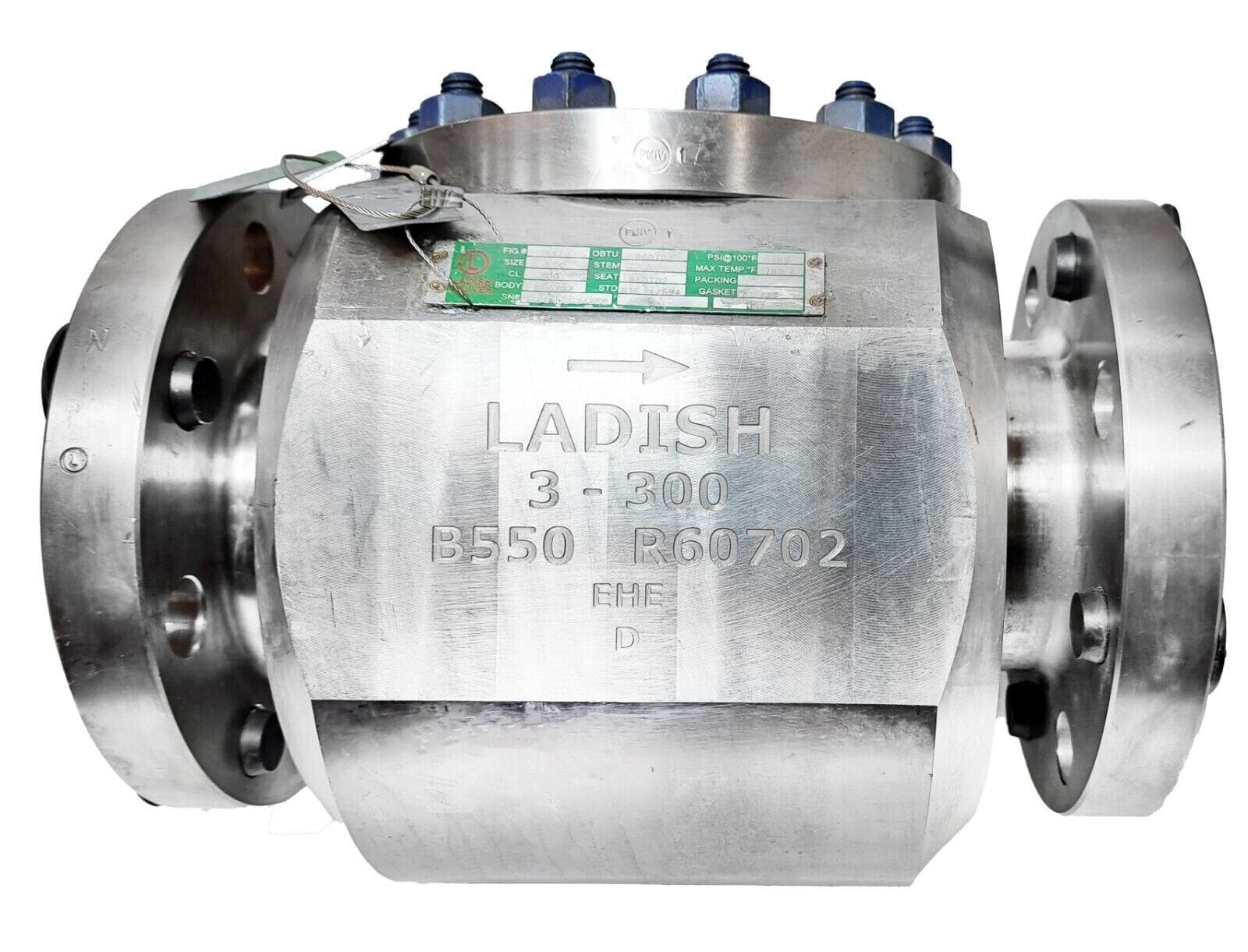 Ladish B550 3 inch Class 300 zirconium check valve EHE D with flow direction arrow and material tag, rated 589 PSI at 700 degrees Fahrenheit