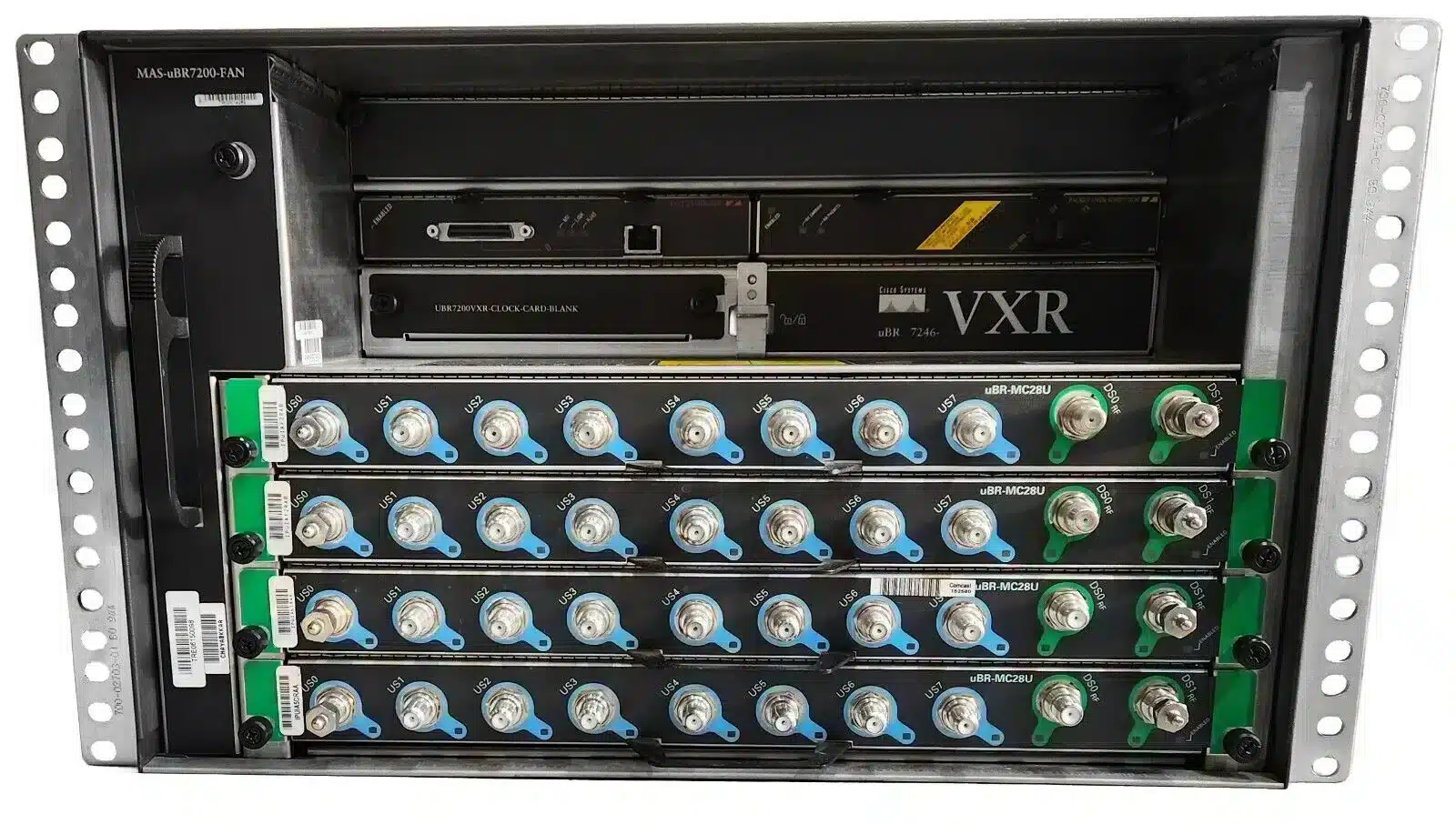 Cisco uBR7246VXR CMTS W/ uBR7200-NPE-G1, 4x MC28U, 2x PWR SUPPLY & FAN + 2x MODS