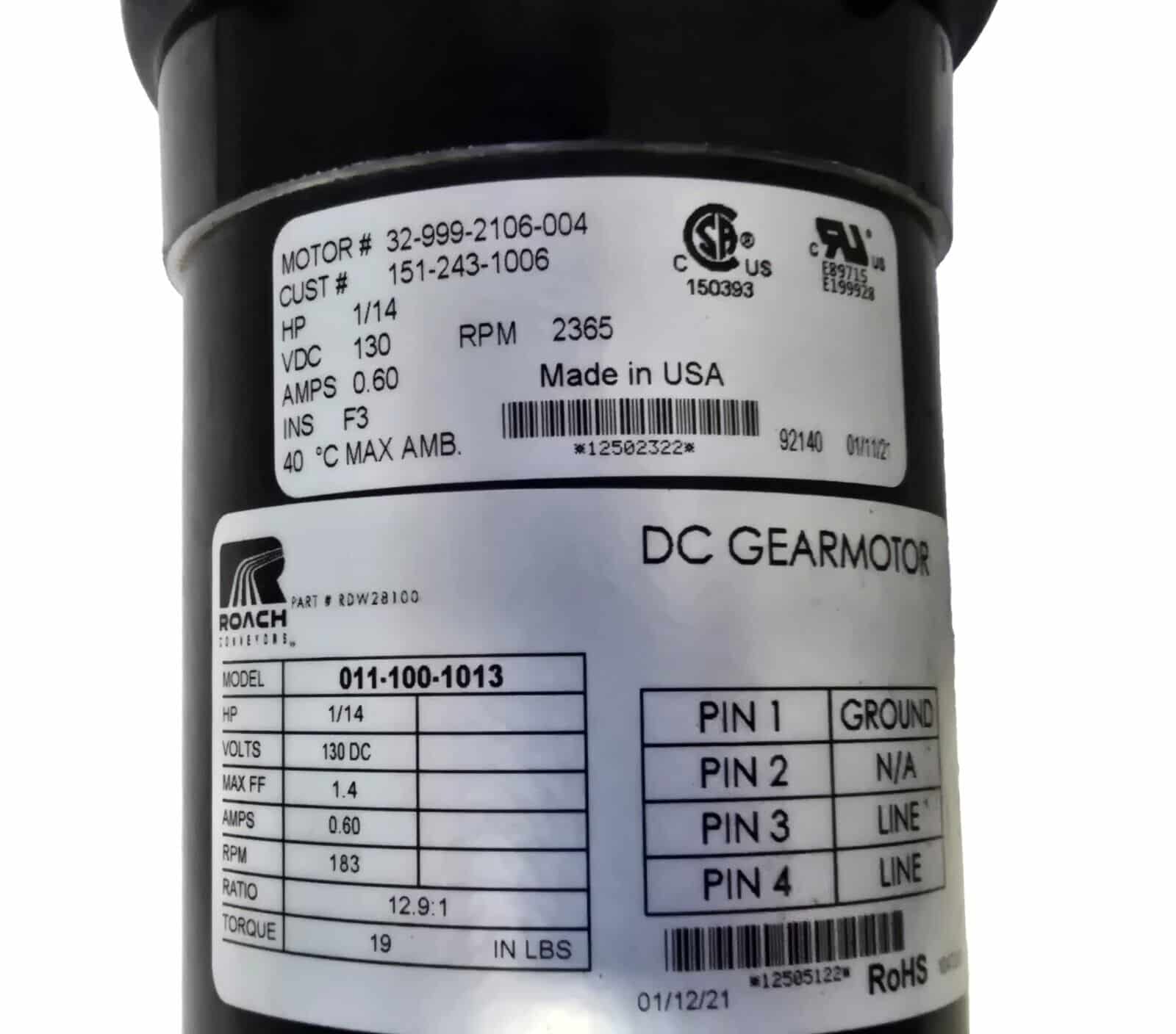 Roach 011-100-1013 , DC gearmotor 1/14 hp