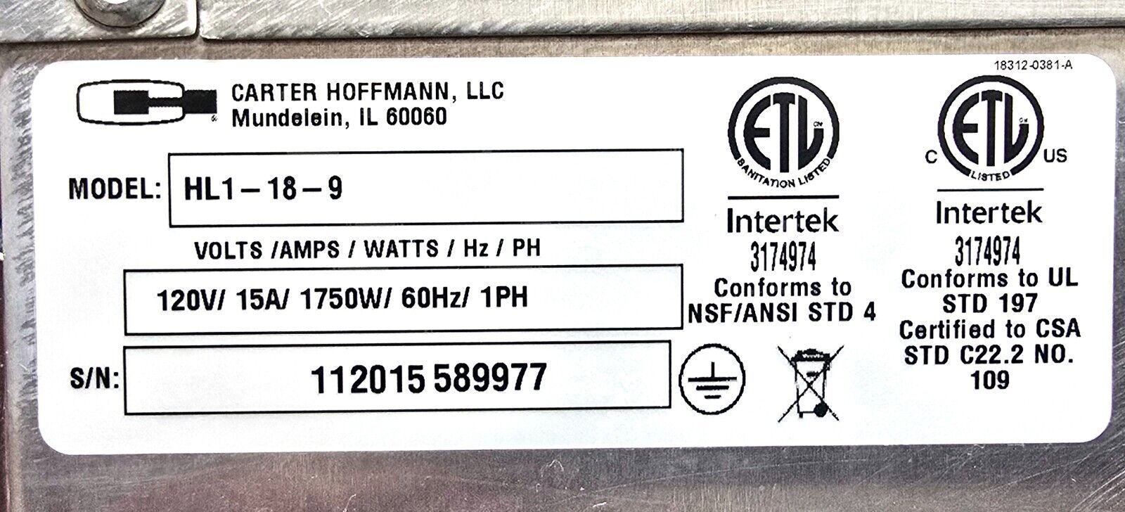 Carter Hoffmann HL1-18 Full Height Non-Insulated Mobile Heated Cabinet