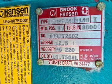 BROOK HANSEN JKH83C43B140 Gear Box Reducer