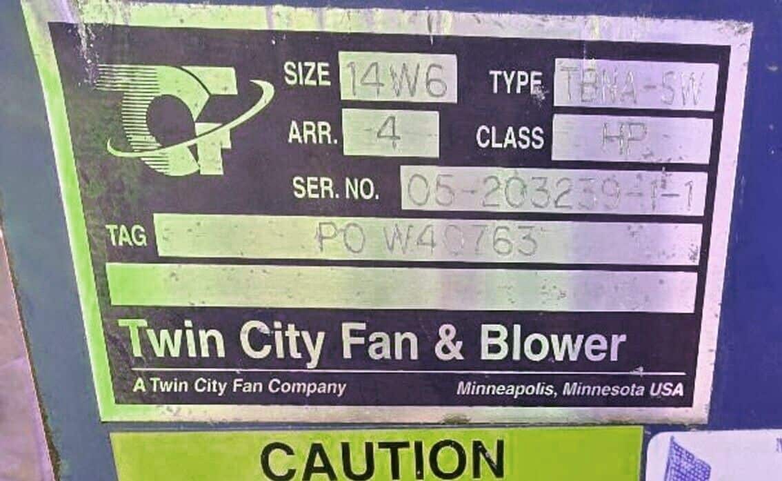 TWIN CITY FAN & BLOWER SIZE 14W6, TYPE TBNA-SW,ARR.4, CLASS HP