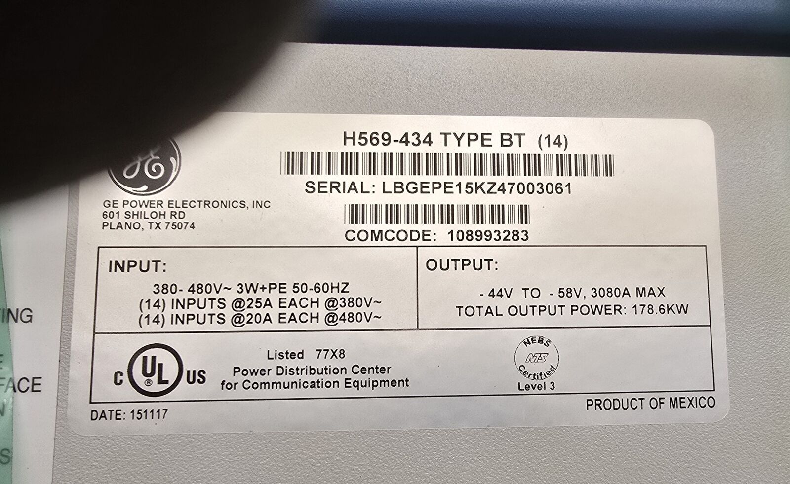GE Lineage Power Galaxy Power Systems 4848/100, H569-434 Type BT Cabinet