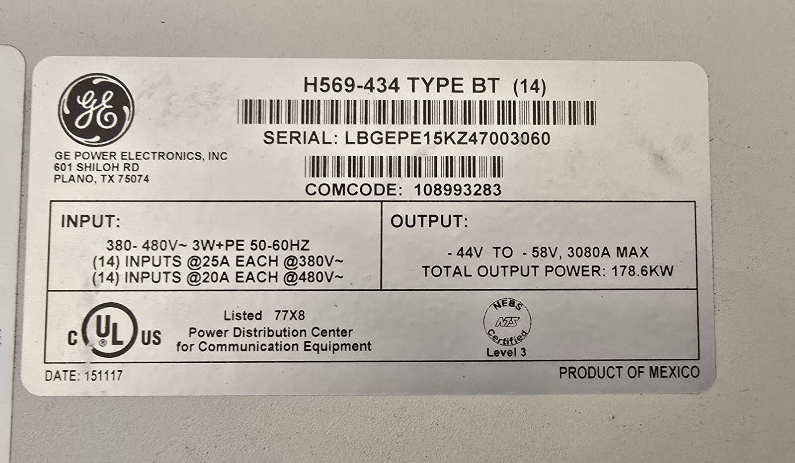 GE Lineage Power Galaxy Power Systems 4848/100, H569-434 Type BT Cabinet