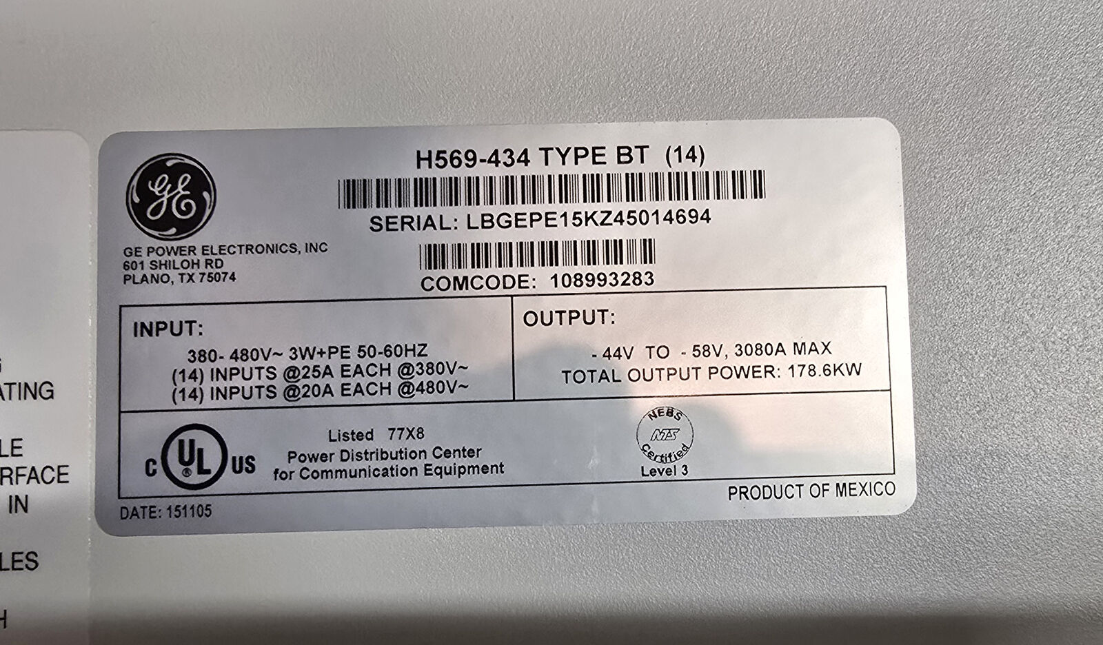 GE Lineage Power Galaxy Power Systems 4848/100, H569-434 Type BT Cabinet