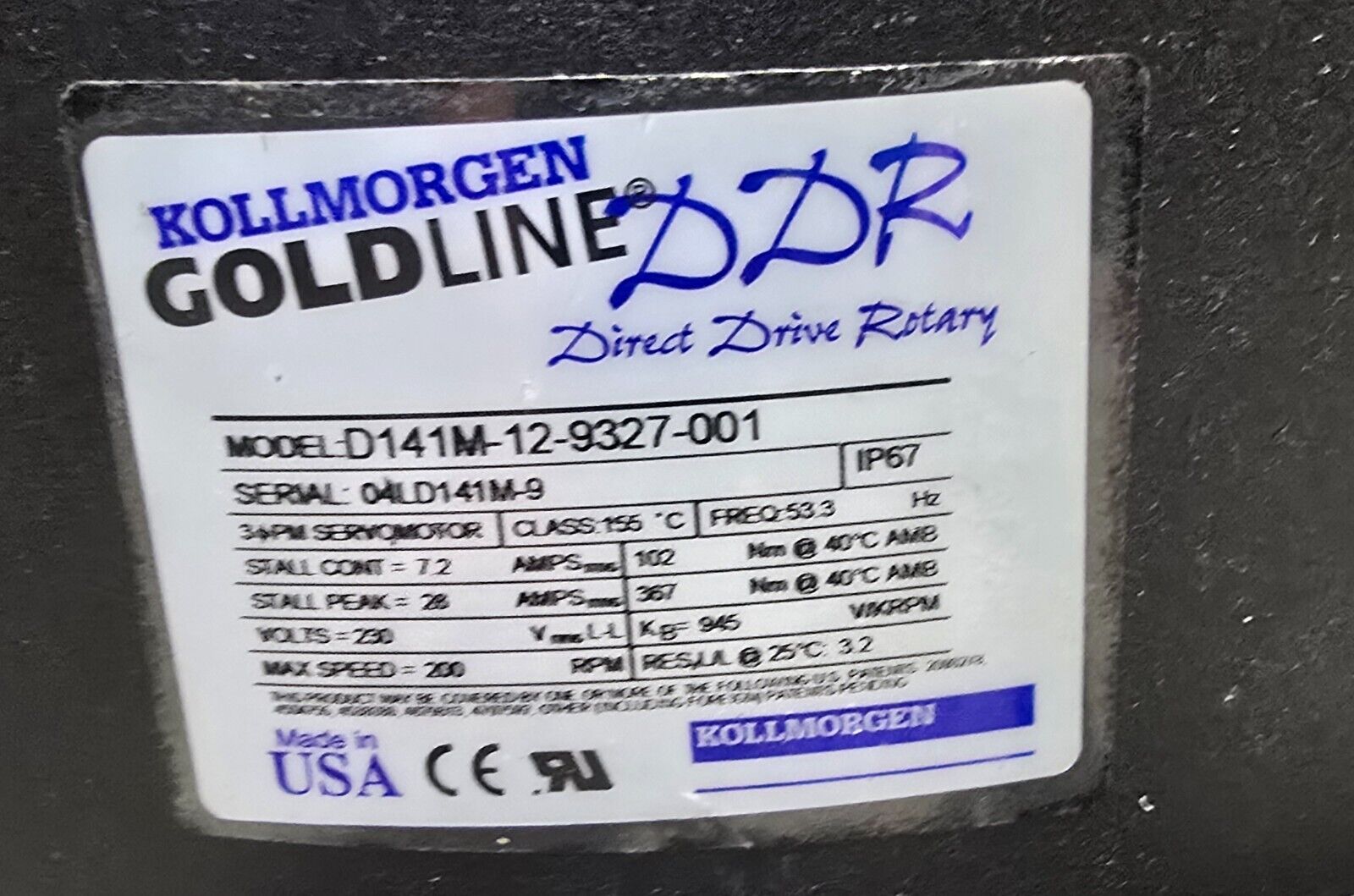 KOLLMORGEN GOLDLINE DDR DIRECT DRIVE ROTARY SERVO MOTOR D141M-12-9327-001