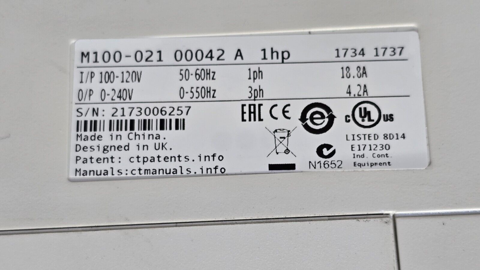 EMERSON CONTROL TECHNIQUES M100-021 00042 A / M100 UNIDRIVE 1HP 100-120V IN USNP