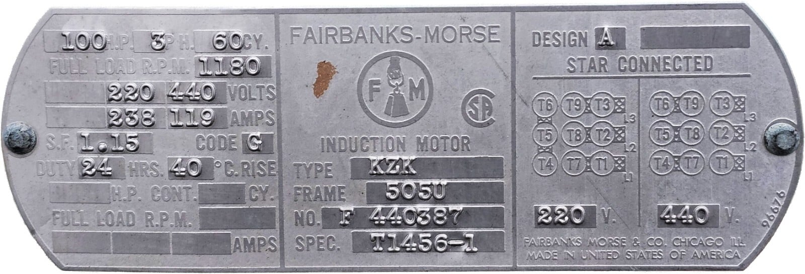 Fairbanks-Morse 100 HP Induction Motor 3-Phase 1180 RPM 220/440V Frame 505U Type