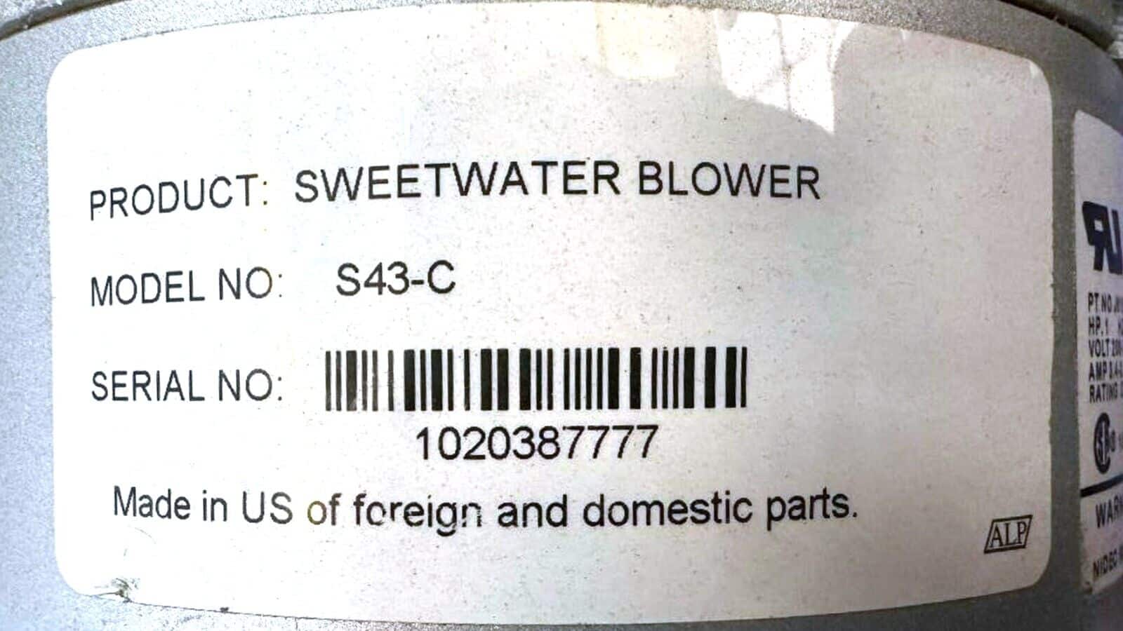 Pentair Sweetwater Regenerative Blowers, Model S43-C