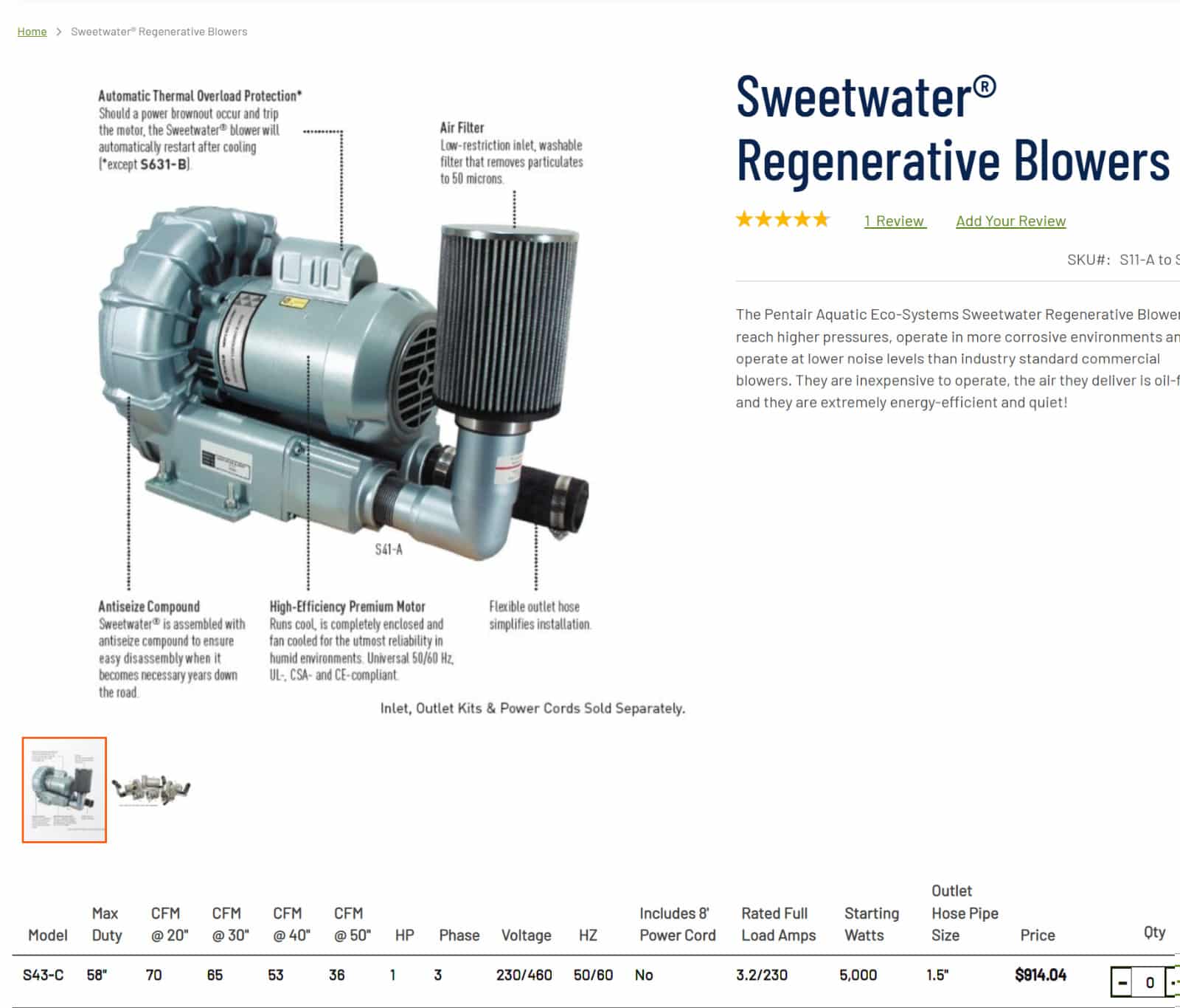 Pentair Sweetwater Regenerative Blowers, Model S43-C