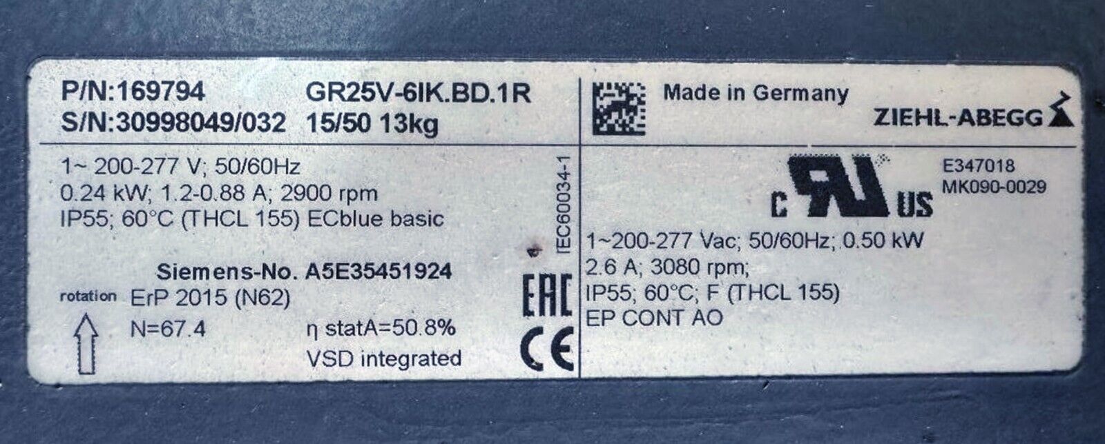 Siemens 1PH8 184-1DF102BA1Z Motor, 51–68 kW, 1500–2200 RPM, 355–500V, + Encoder