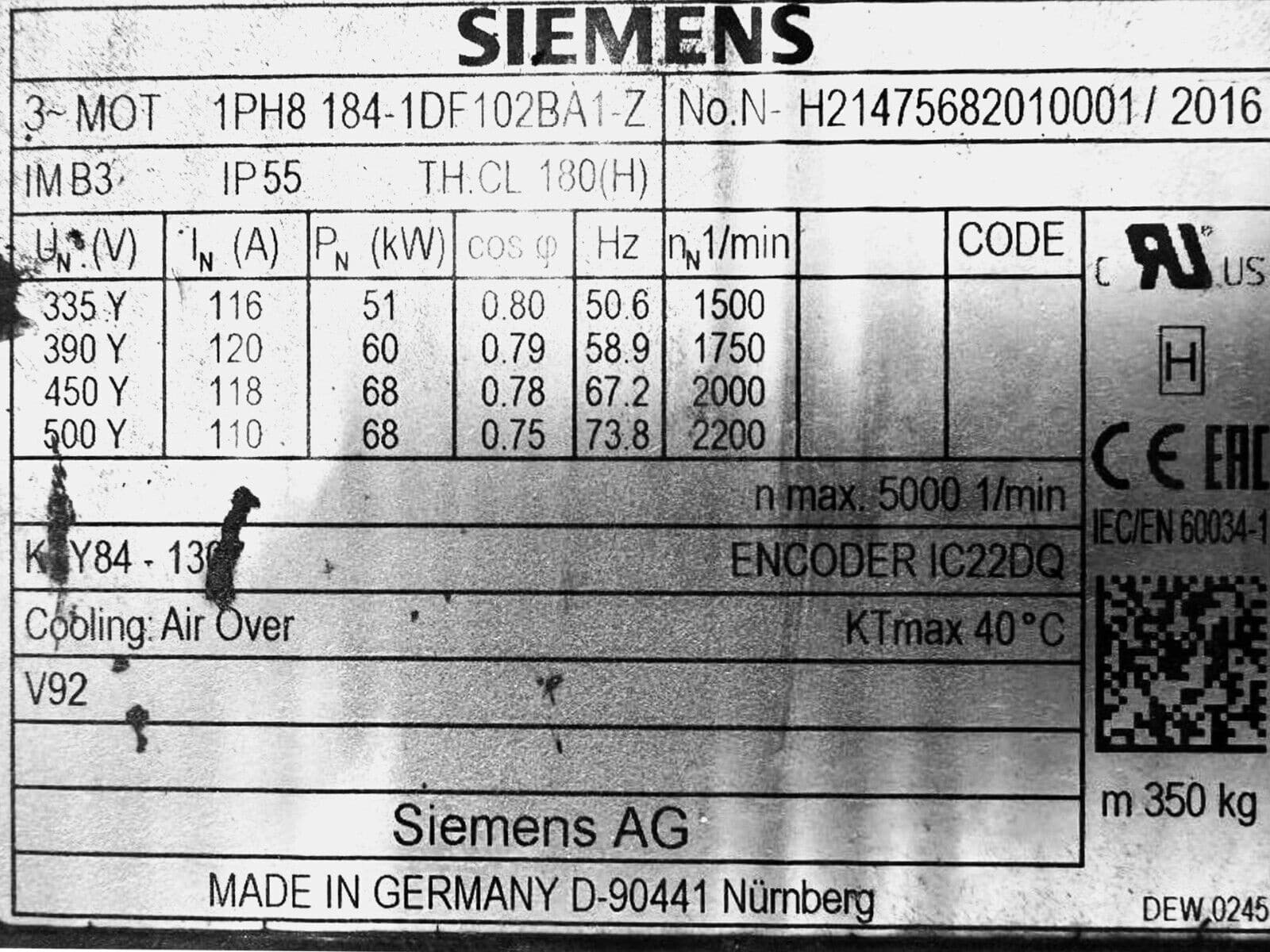 Siemens 1PH8 184-1DF102BA1Z Motor, 51–68 kW, 1500–2200 RPM, 355–500V, + Encoder