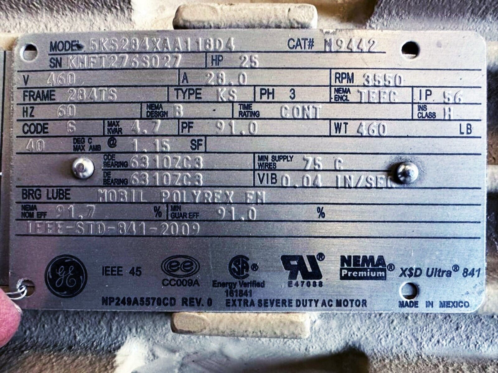 GE 25HP Severe Duty Motor 5KS284XAA118D4 460V 3PH 3550RPM 284TS TEFC IEEE841