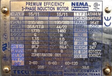 TECO-Westinghouse DHP0154 15HP 254T ODP Motor 230/460V 1770RPM