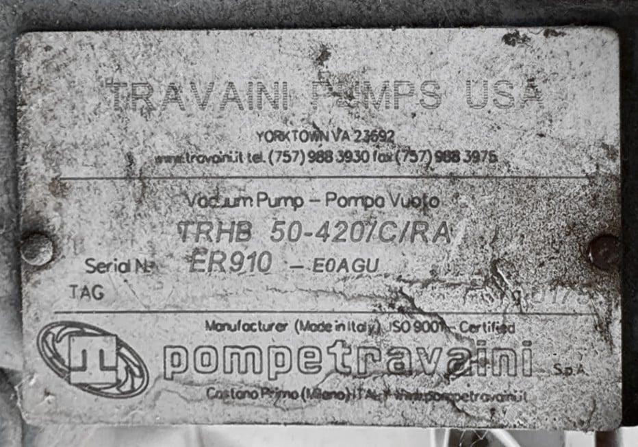 Travaini TRHB 50-420/C/RA Two-Stage Liquid Ring Vacuum Pump 20HP Baldor 460V 3PH