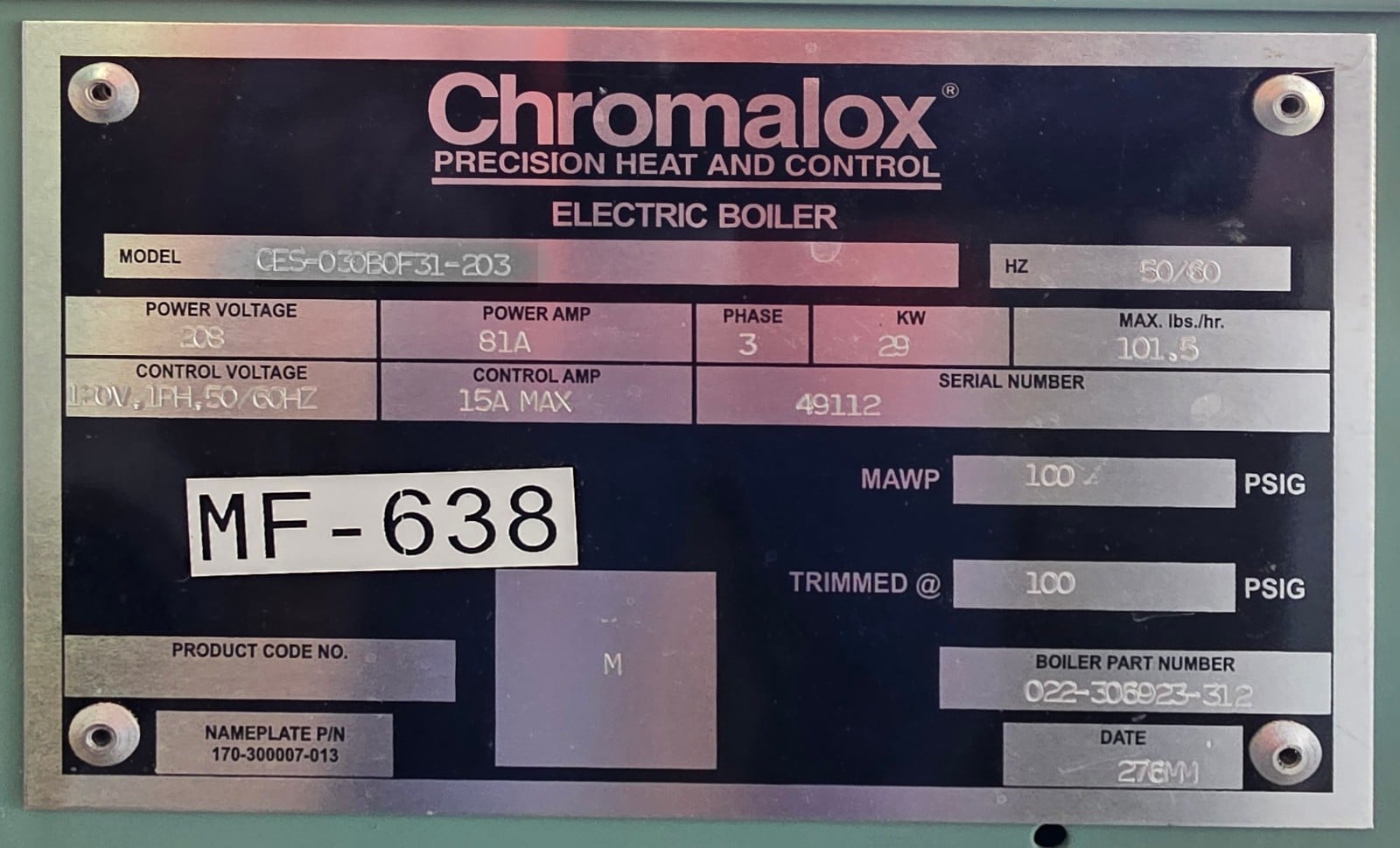 Chromalox CES-030B0F31-203 29kW Electric Boiler 208V 3-Phase 100 PSIG