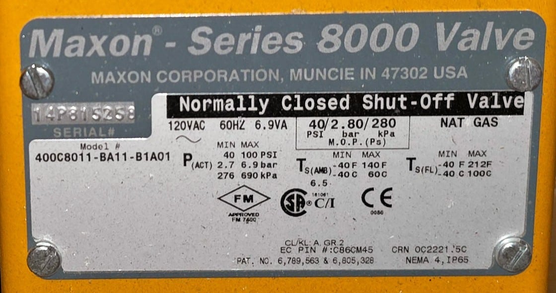 Maxon 4" Series 8000 400C8011-BA11-B1A01 Normally Closed Gas Shut-Off Valve 120V