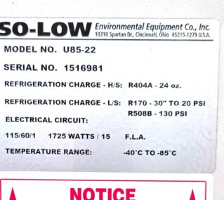 So-Low U85-22 -85C Ultra Low Lab Freezer 22 Cu Ft CO2 Backup Tested