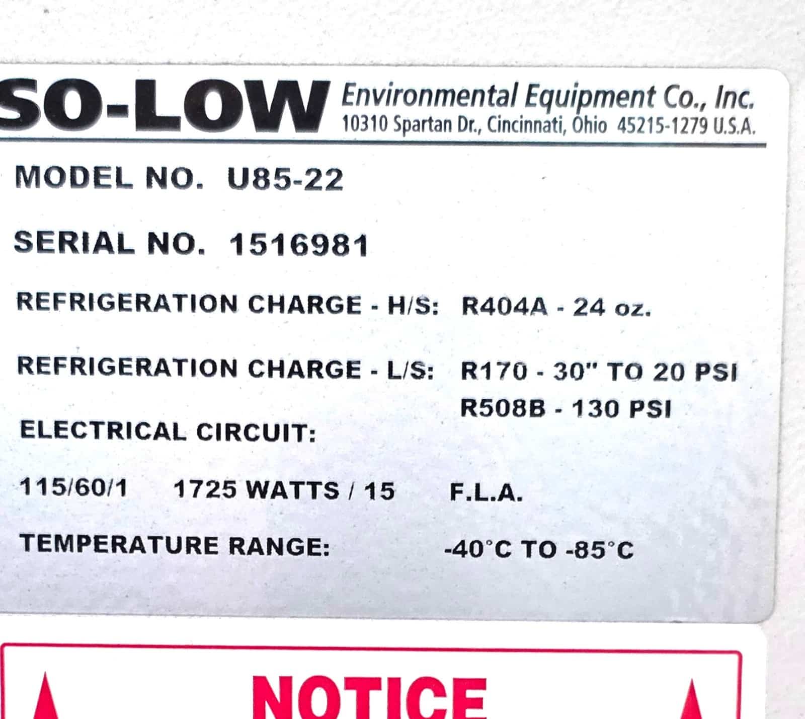 So-Low U85-22 -85C Ultra Low Lab Freezer 22 Cu Ft CO2 Backup Tested