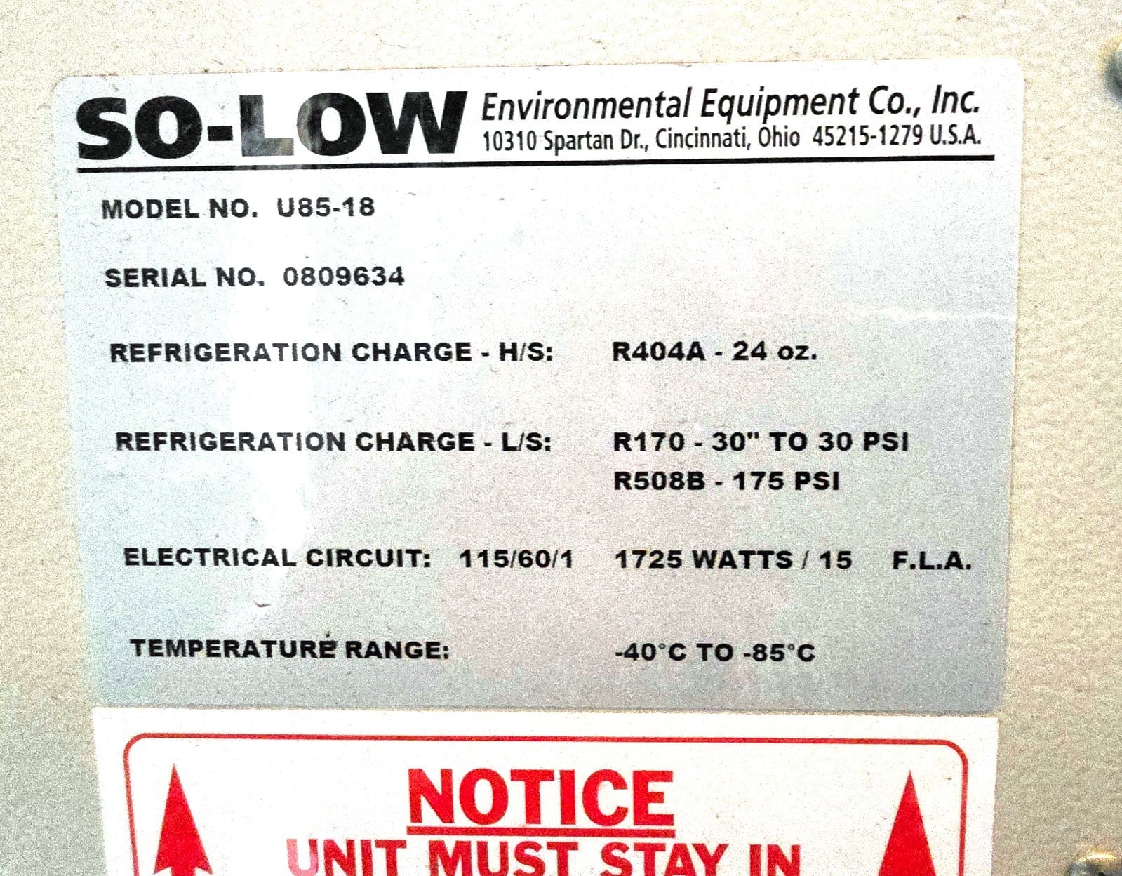 So-Low U85-18 -85C Ultra Low Freezer 18 Cu Ft 115V Tested