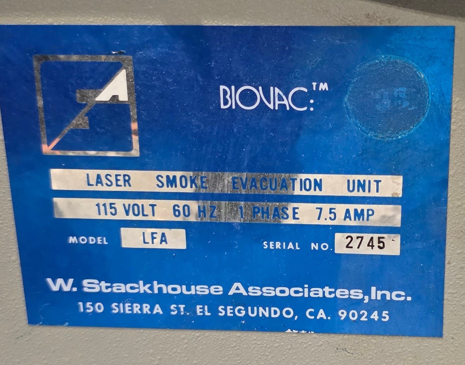 W. STACKHOUSE ASSOCIATES BIOVAC LASER SMOKE EVACUATION UNIT LFA