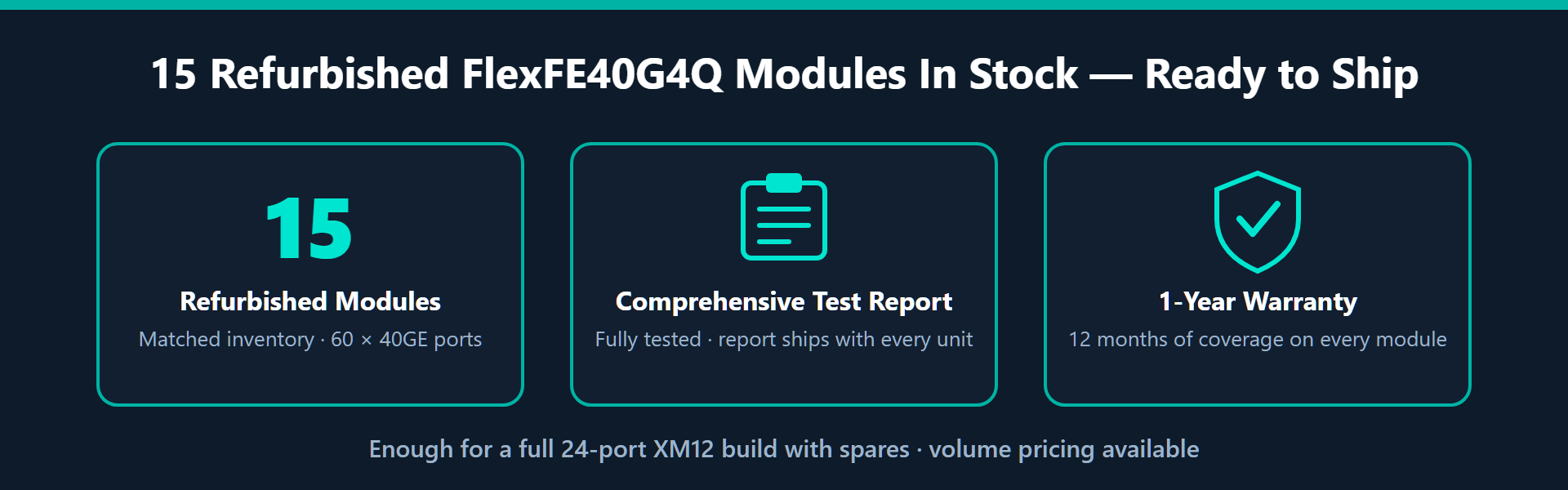15 refurbished Ixia Xcellon-FlexFE40G4Q 40GbE load modules in stock, each with a comprehensive test report and a one-year warranty