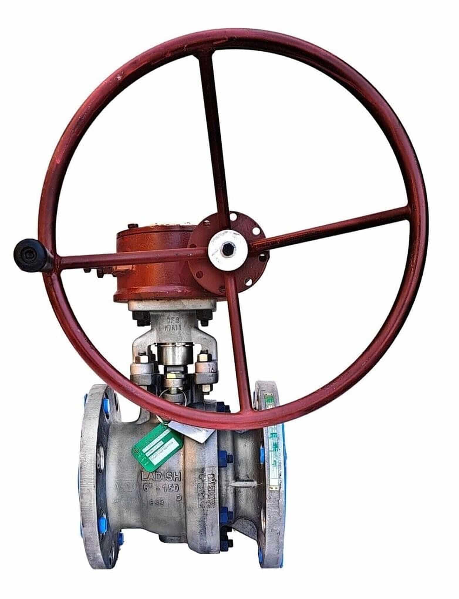 Ladish 6 inch Hastelloy ball valve API 607 Class 150 with red gear-operator handwheel, from our surplus inventory