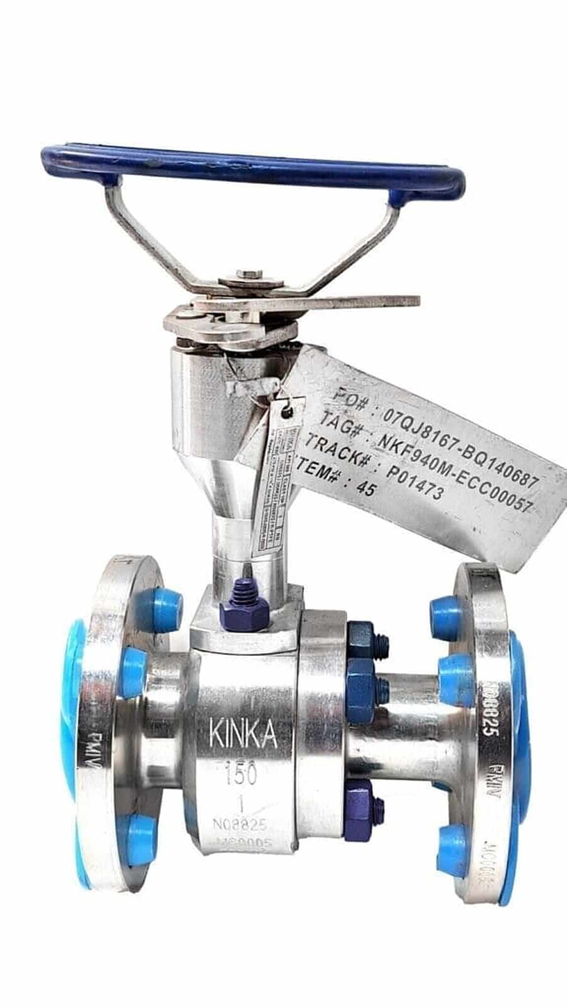 Kinka K41150 1 inch Inconel 825 ball valve with N08825 stamped on the body, blue handle and traceability tag, from our surplus inventory