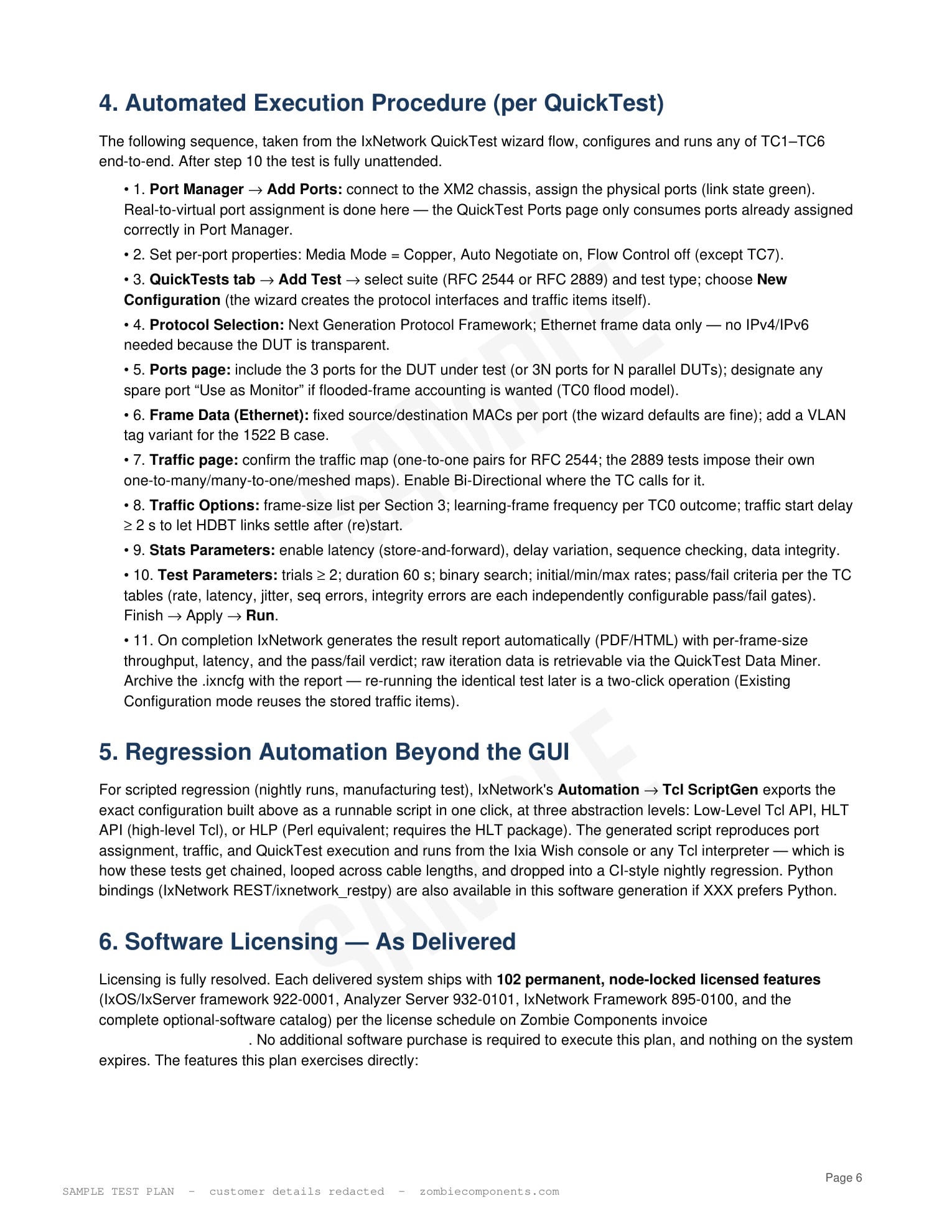 Automated execution procedure page listing the IxNetwork wizard steps from port assignment to auto-generated report