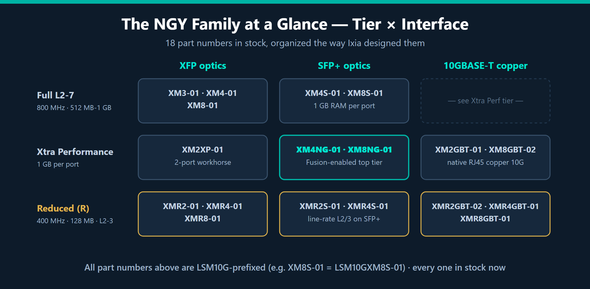 Matrix chart of the Ixia NGY family showing three performance tiers — full-featured, extra performance, and reduced — across three interface types: XFP optics, SFP+ optics, and 10GBASE-T copper