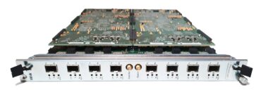 Ixia NGY LSM10GXM8S-01 faceplate showing eight SFP+ ports, per-port link and traffic LEDs, and the part number label