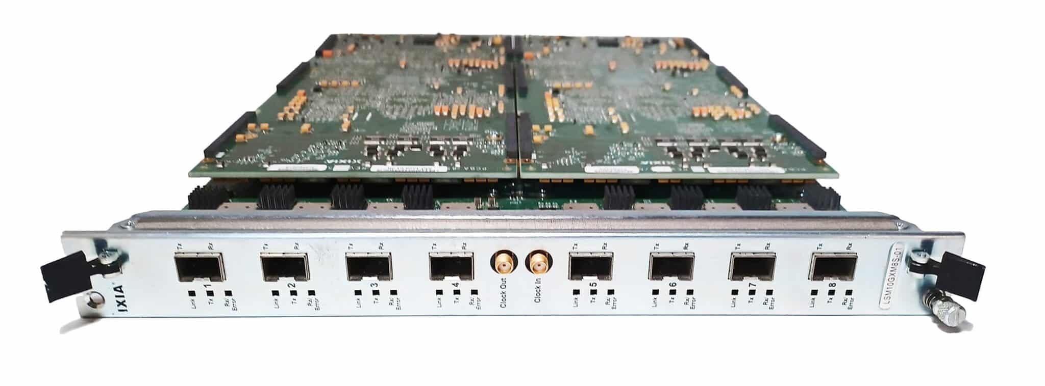 Ixia NGY LSM10GXM8S-01 faceplate showing eight SFP+ ports, per-port link and traffic LEDs, and the part number label