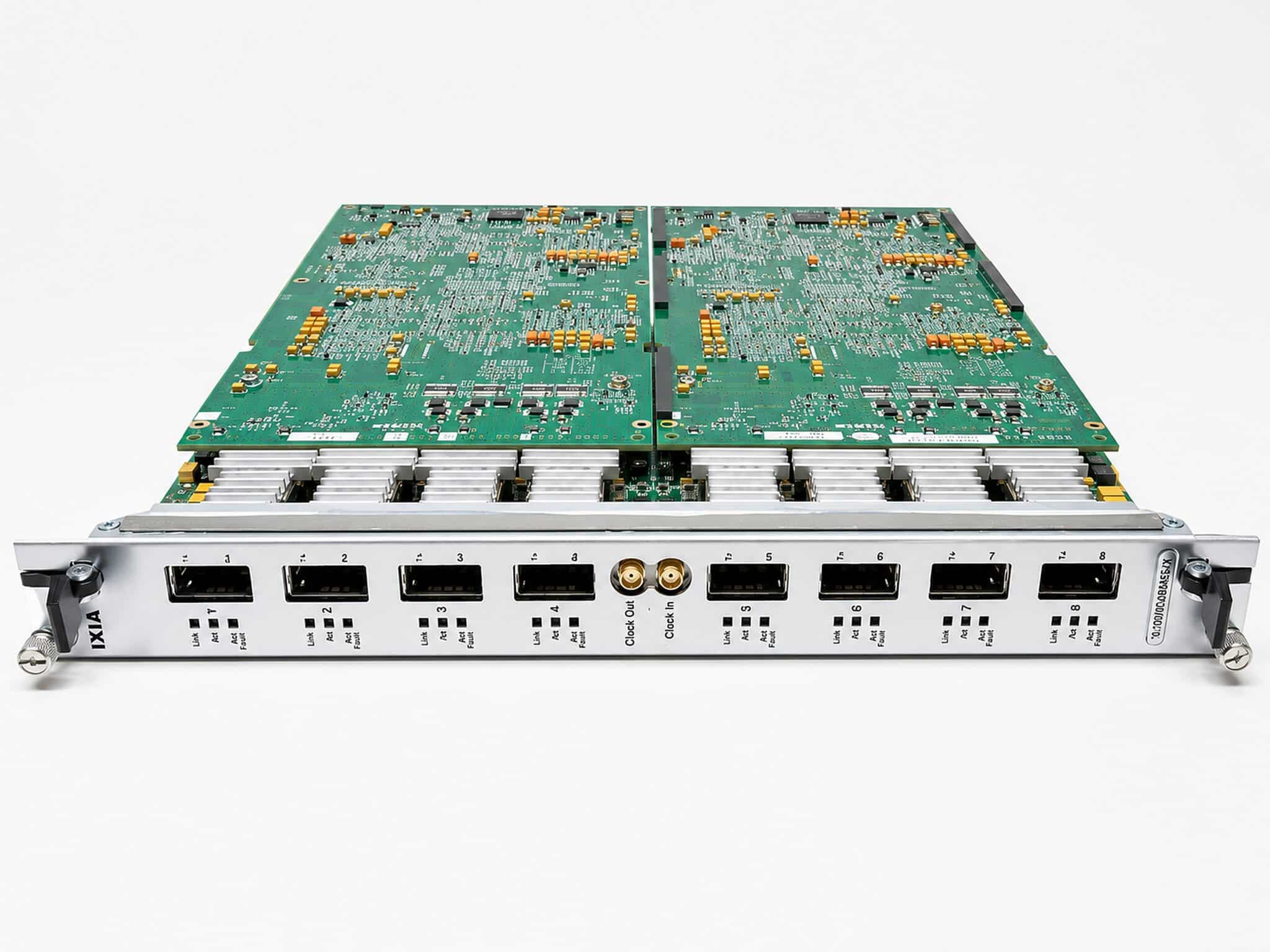 Refurbished Ixia NGY LSM10GXM8S-01 8-port 10GbE SFP+ load module front view with clock out and clock in connectors