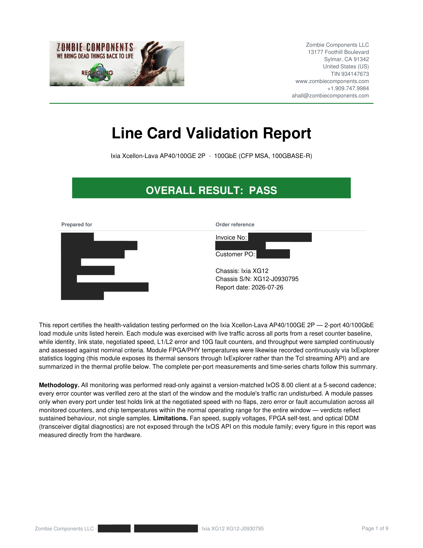 Cover page of a Zombie Components line card validation report for an Ixia Xcellon-Lava AP40/100GE 2P showing the overall PASS result banner, order reference block, and testing methodology summary
