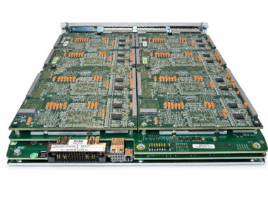 Rear angled view of the Ixia Xcellon-Ultra NP load module showing its stacked processing boards and backplane connectors