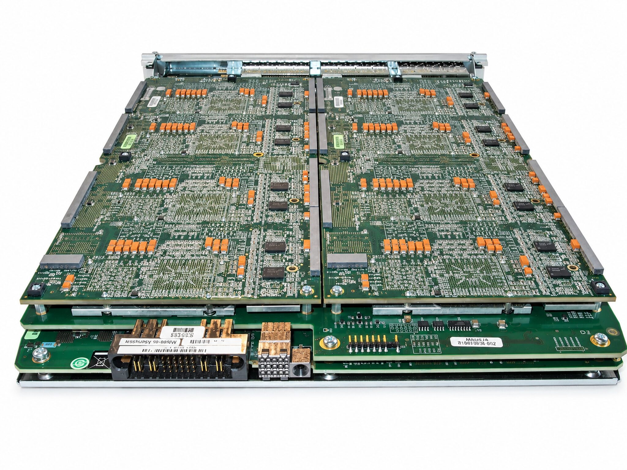 Rear angled view of the Ixia Xcellon-Ultra NP load module showing its stacked processing boards and backplane connectors