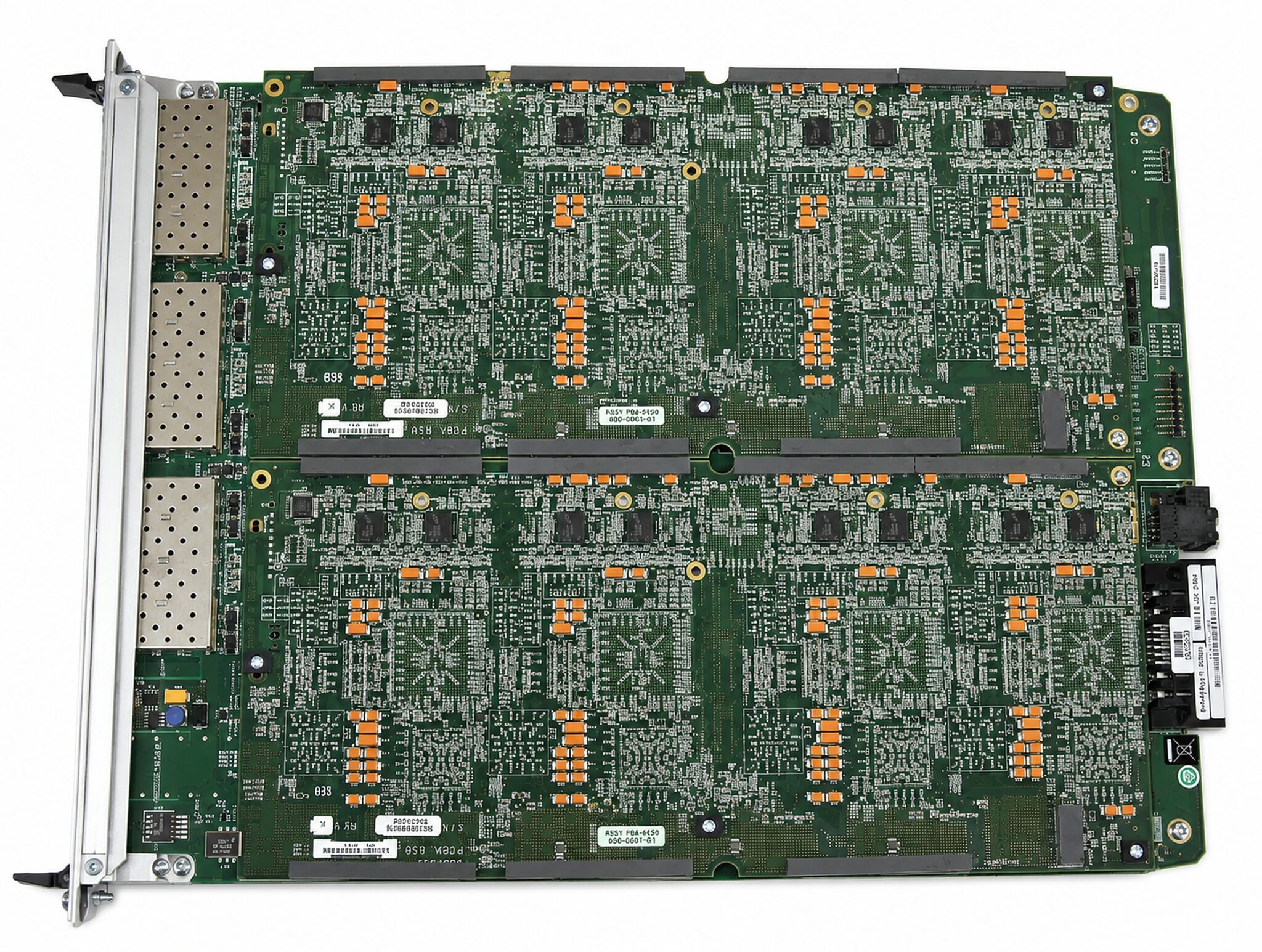 Top-down view of a refurbished Ixia Xcellon-Ultra NP load module board showing the per-port CPU array behind its twelve dual-PHY ports