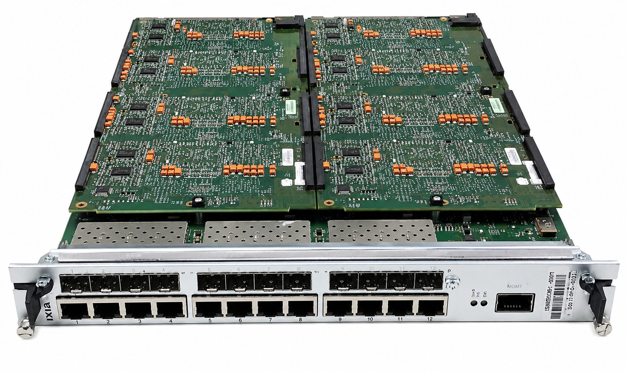 Refurbished Ixia Xcellon-Ultra NP load module faceplate with twelve dual-PHY 1GbE ports, SFP and RJ45, and the 10GbE management aggregation port