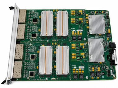 Top-down view of a refurbished Ixia XDM10G32S load module board showing the multi-core processing hardware behind its 32 SFP+ ports