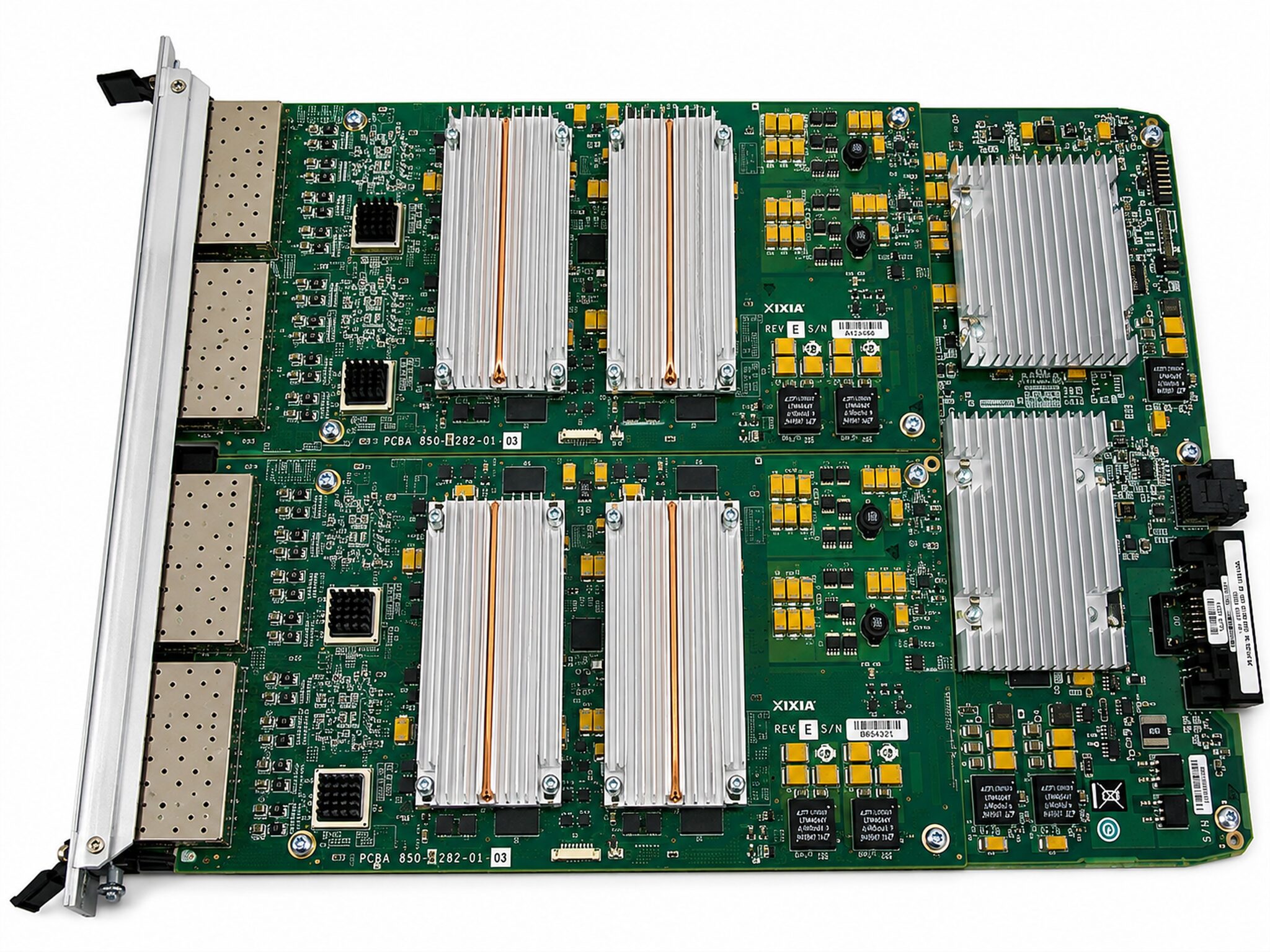 Top-down view of a refurbished Ixia XDM10G32S load module board showing the multi-core processing hardware behind its 32 SFP+ ports