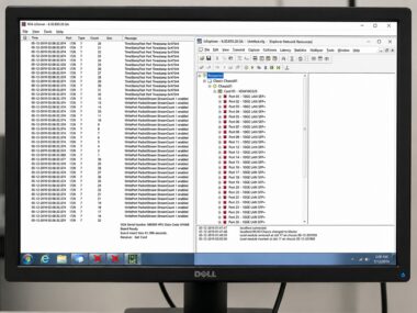 IxServer and IxExplorer session showing an Ixia XDM10G32S card enumerated with its 32 10GE LAN SFP+ ports during testing