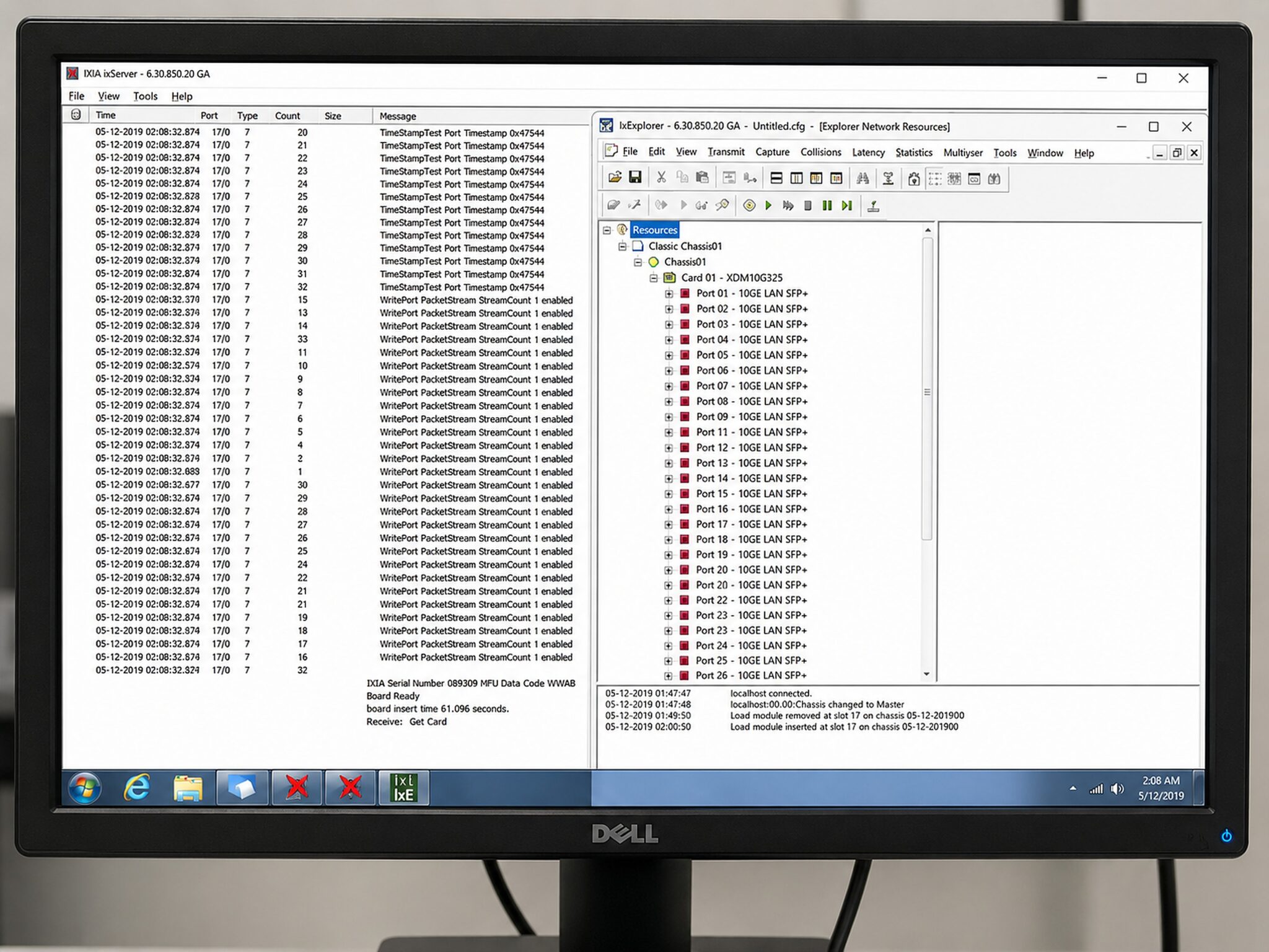 IxServer and IxExplorer session showing an Ixia XDM10G32S card enumerated with its 32 10GE LAN SFP+ ports during testing