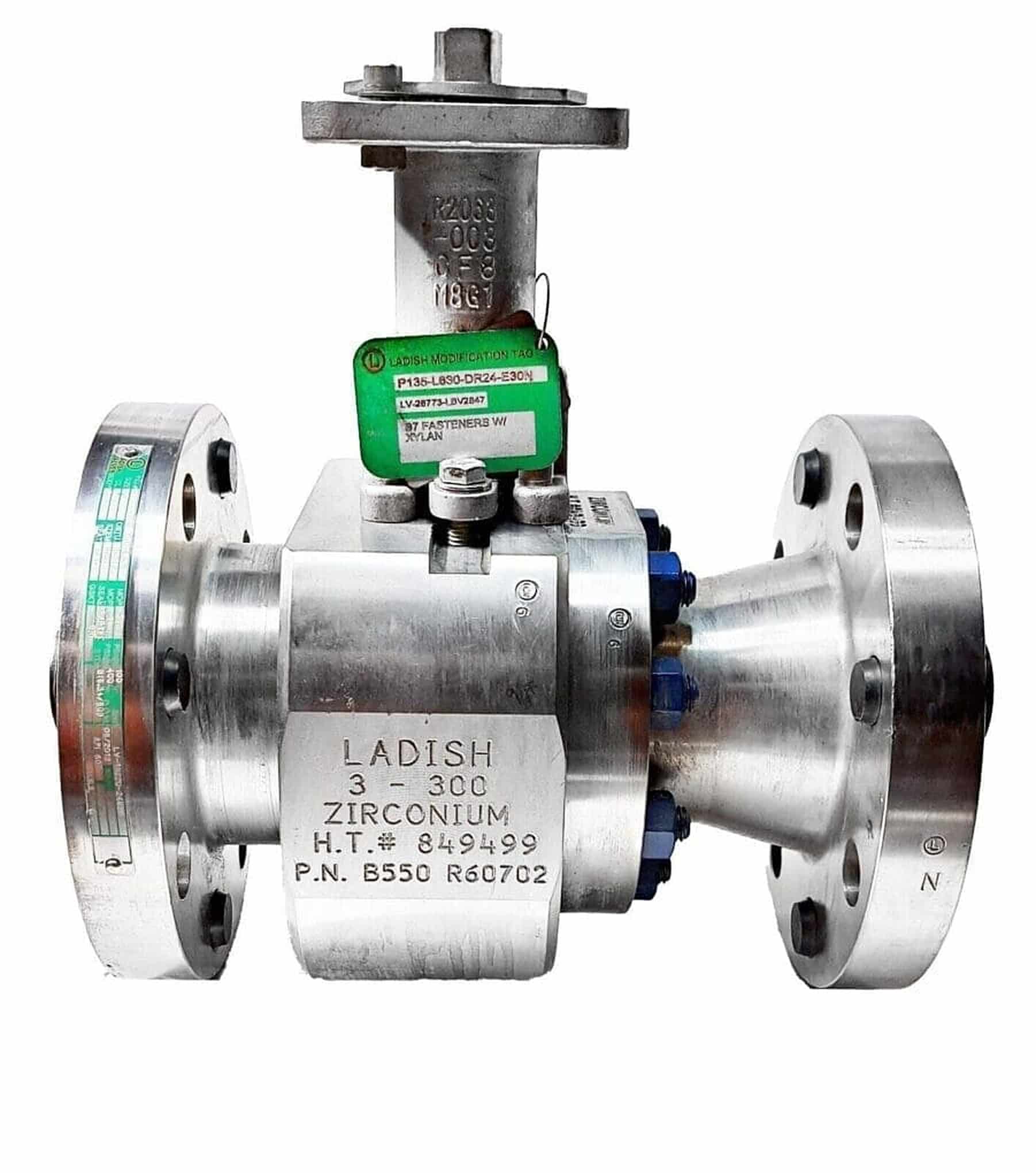 Ladish B550 3 inch Class 300 zirconium ball valve with flanged ends, stamped LADISH 3-300 ZIRCONIUM R60702, from our surplus inventory