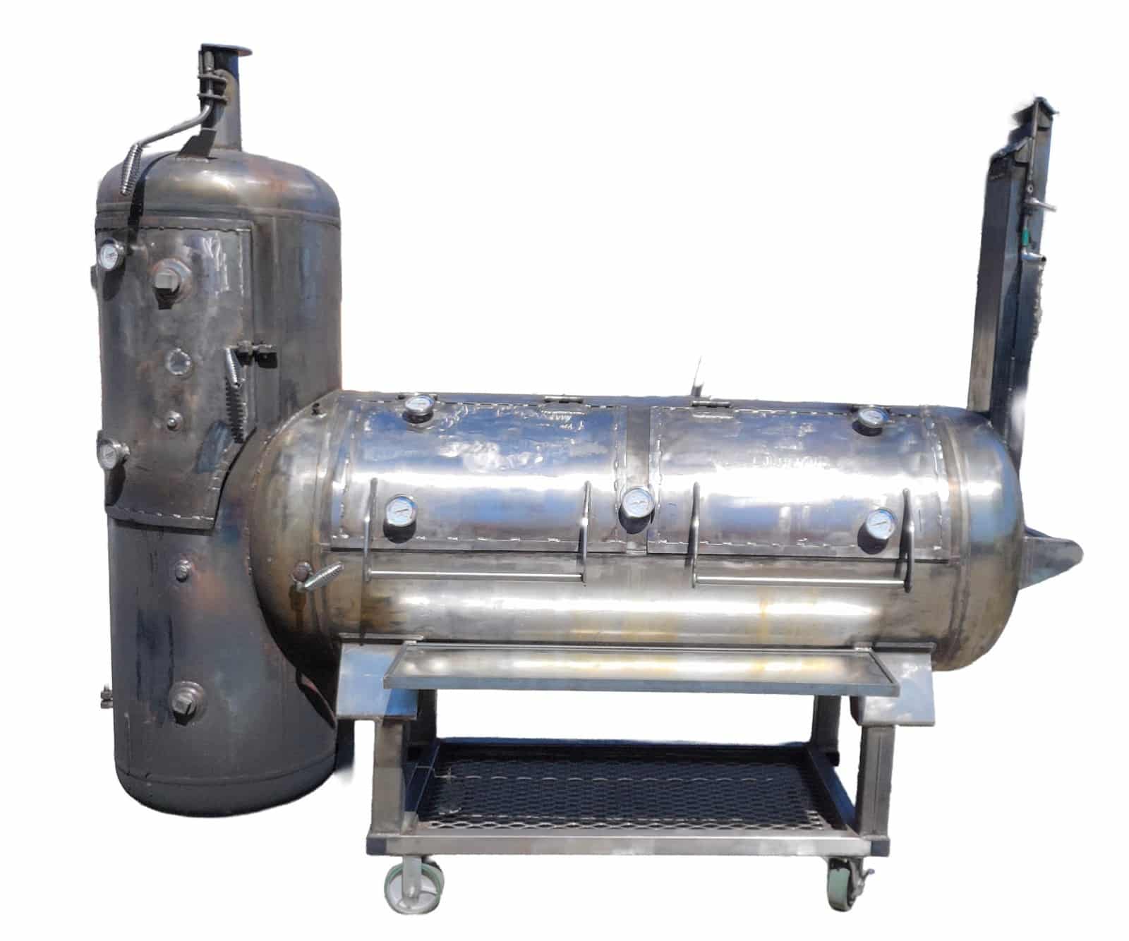 Hybrid offset smoker built by Zombie Components in Sylmar, California: 28 x 96 inch horizontal cook chamber joined to a 24 inch vertical cooking tower, bare brushed steel, on a welded steel caster cart
