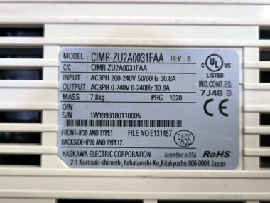 Yaskawa Z1000 CIMR-ZU2A0031FAA VFD 10 HP 200-240V 3PH 30.8A HVAC Drive NEMA 1